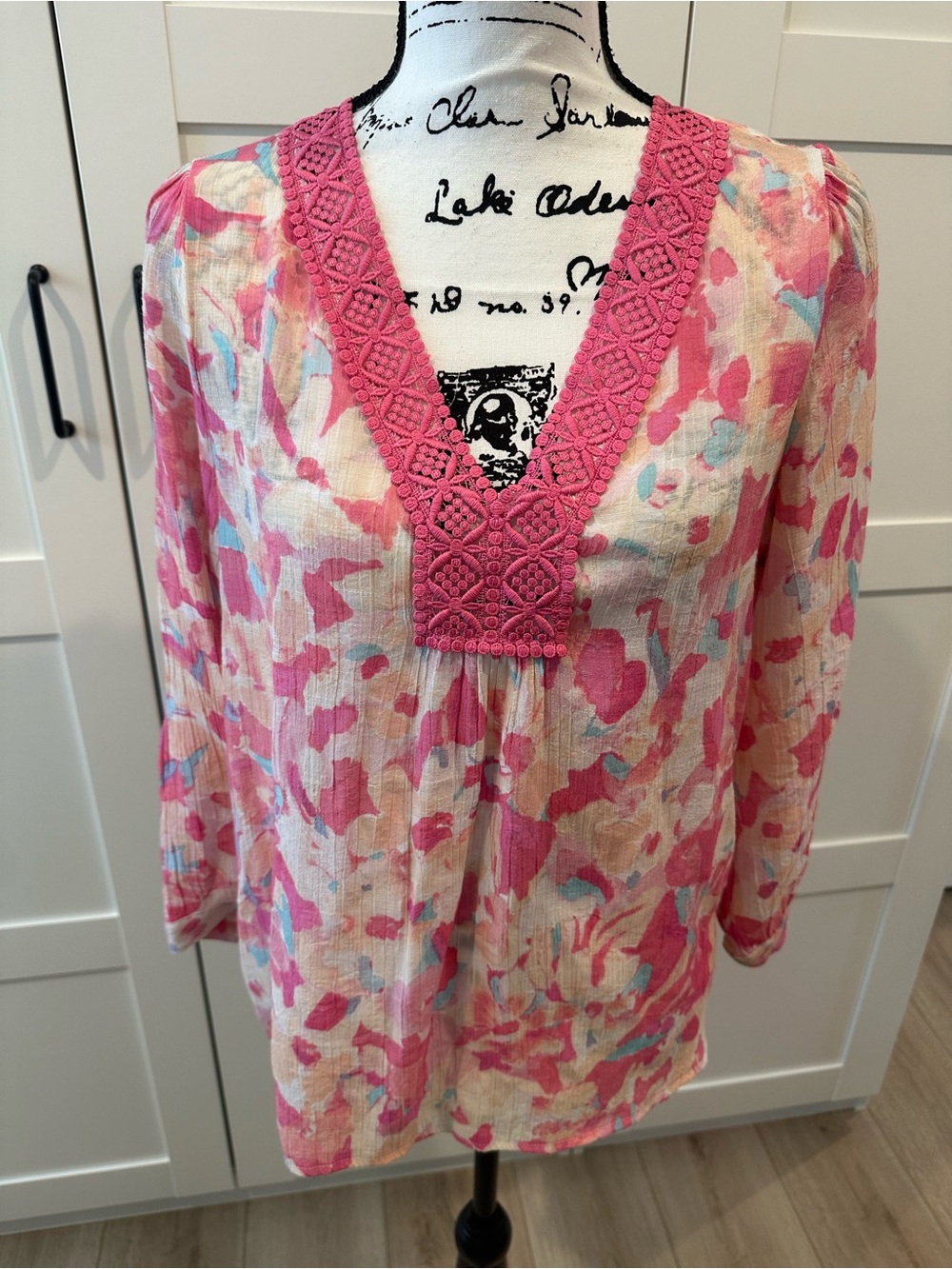 Counterparts Pink Multi-Print V-Neck Crochet Tunic- cut roomy